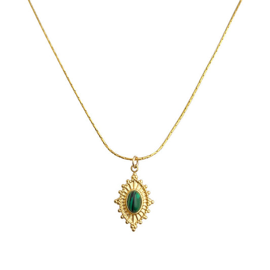 Gold Plated Oval green resin Stainless Steel Necklace