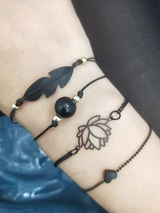 Four-Piece Black Pearl Love Leaf Lotus Bracelet Set