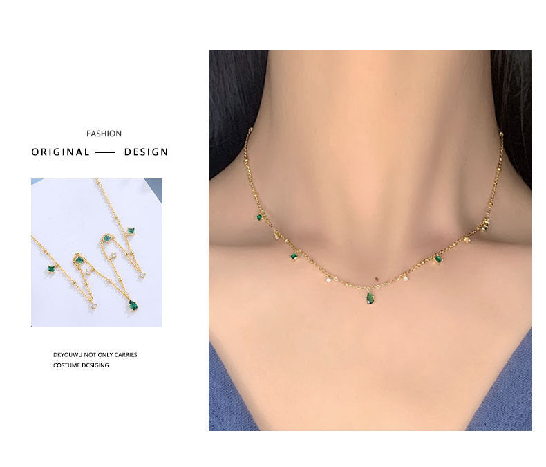 Water Drop Emerald Zircon Necklace, Silver