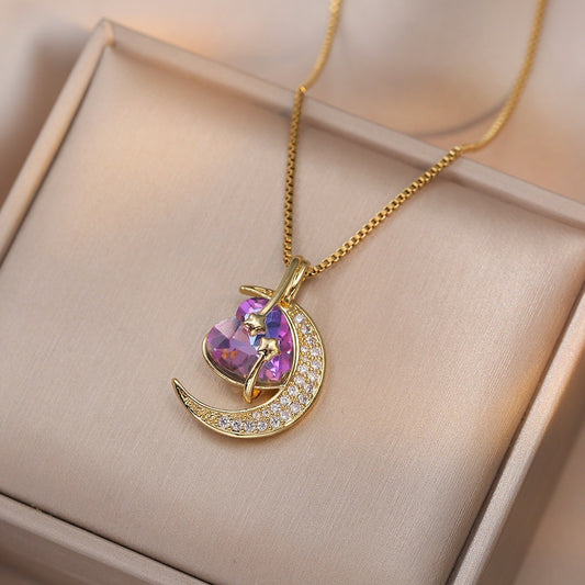 Titanium Steel Star & Moon Pendant Necklace