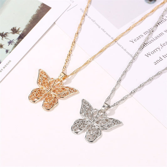 Butterfly Pendant Necklace with Water Wave Chain