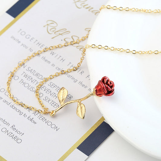 Elegant Drop Red Rose Flower Pendant Necklaces