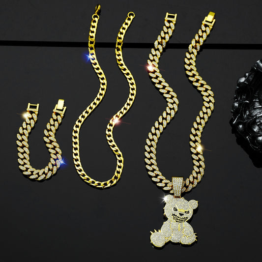 Fully jewelled Bear Pendant Necklace & Bracelet Set, 3Pcs