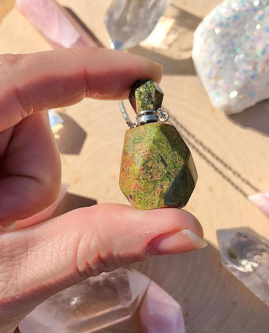 Perfume Bottle Crystal Pendant Necklace, Silver Chain