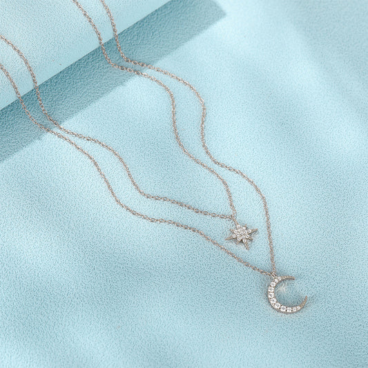 Double Layer Twin Diamond Star and Moon Necklace