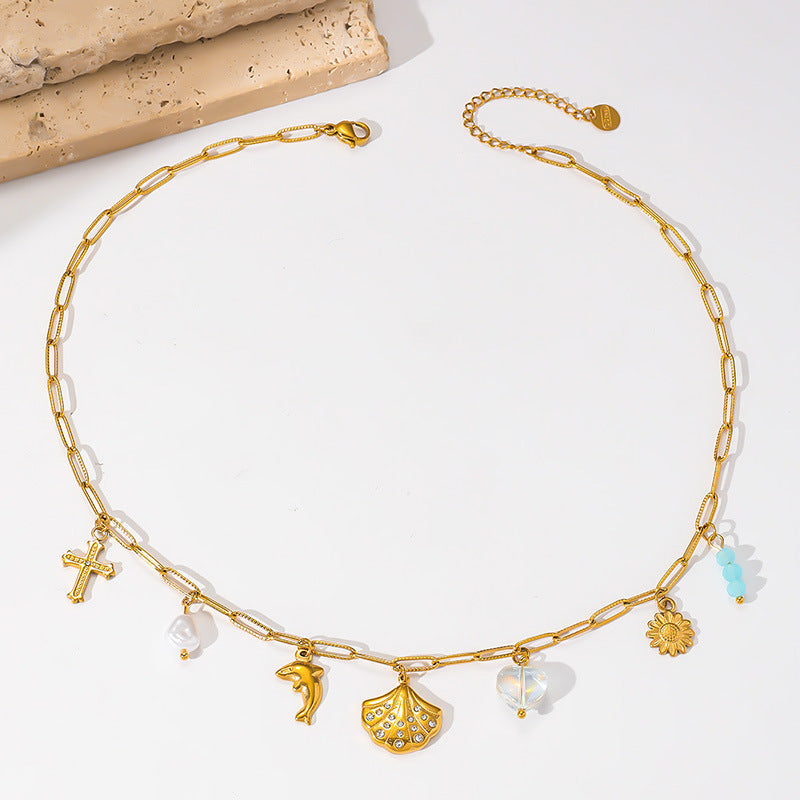 Retro Diamonds Scallop Gold-Plated Dolphin Necklace