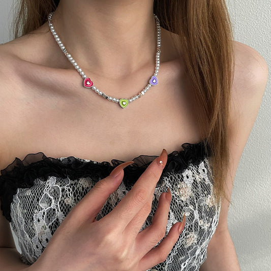 Colourful Heart Beaded Pearl Necklace