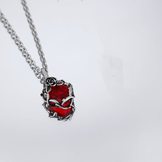 Black & Red Ruby Necklace with Flower Pendant
