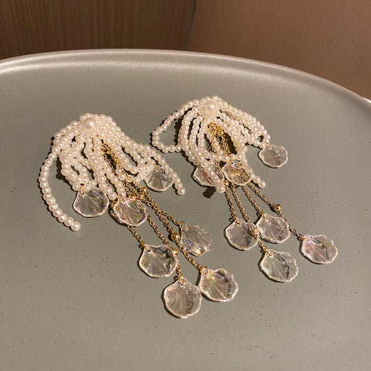 Women’s Bow Shell Long Pearl Tassel Earrings