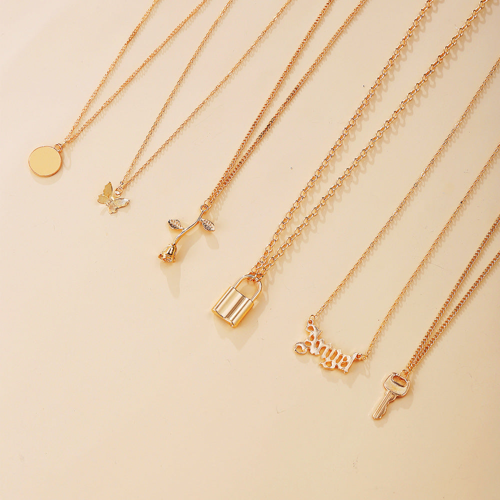Multi-Layer Lock Rose Pendant Necklace, 6pc Set