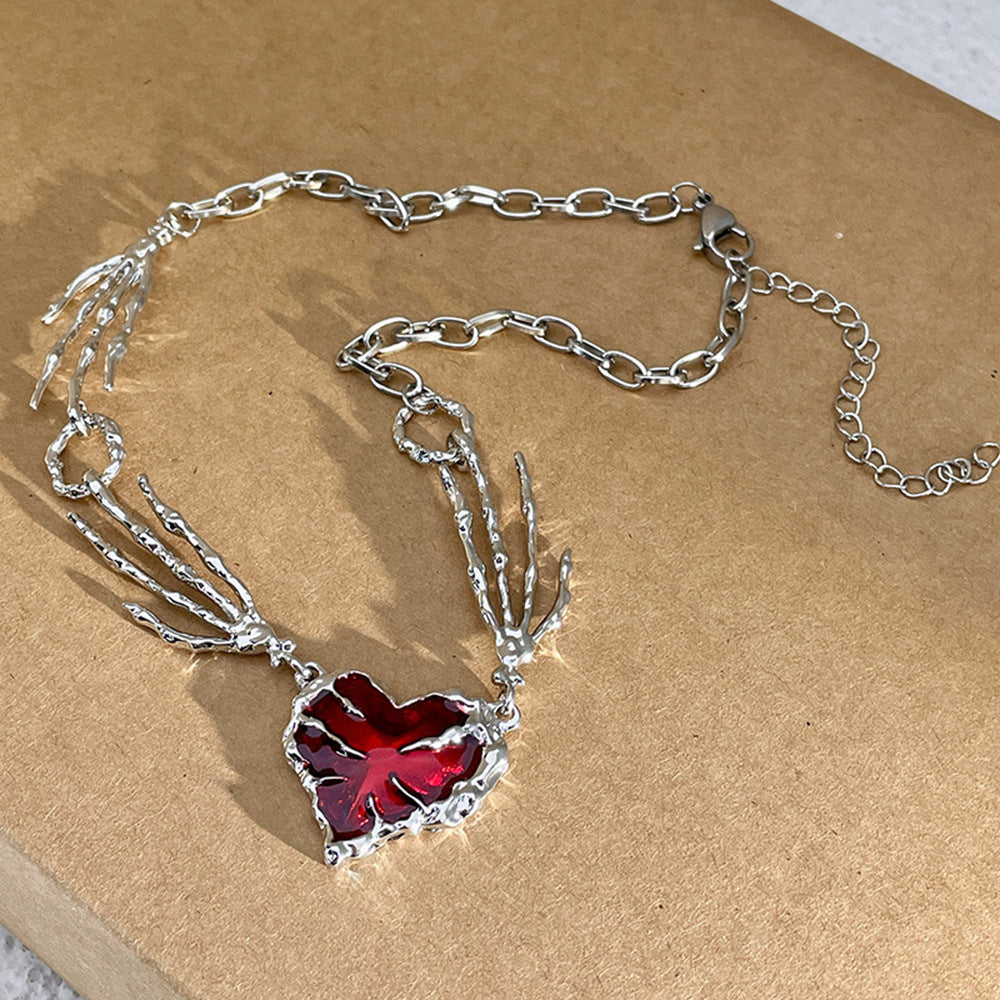 Punk Dark Red Love Heart Pendant Necklace