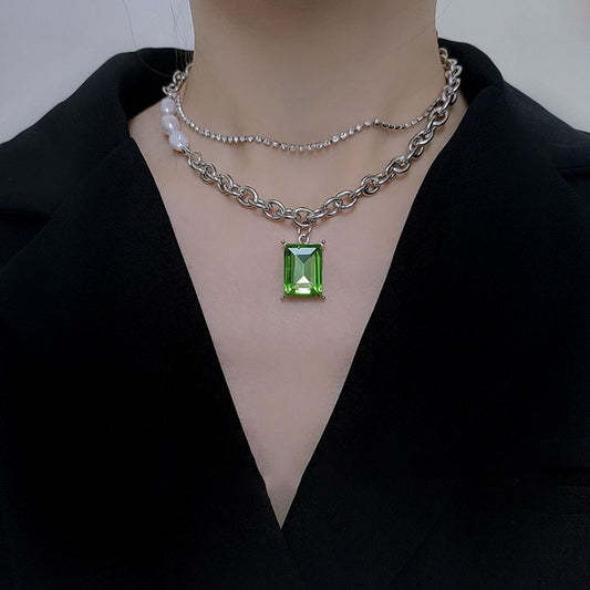 Green Square Brick Titanium Steel Necklace
