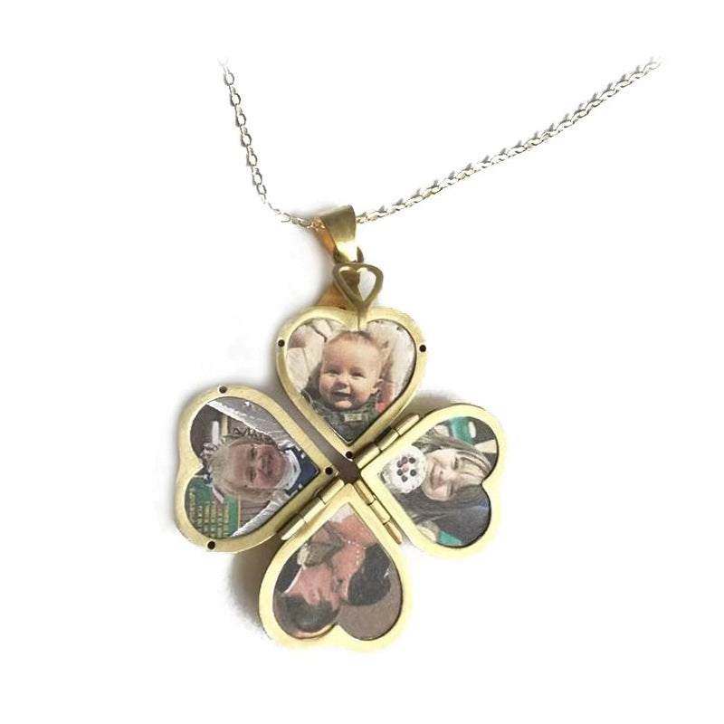 Four Open Heart-like Four-Leaf Clover Locket Necklace