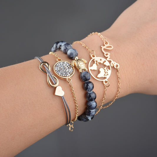 Vintage Turtle Heart Map Charm Bracelets Set