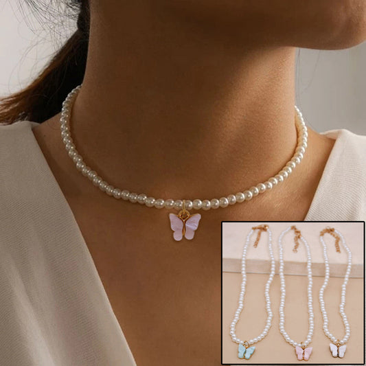 White Pearl Butterfly Choker Necklace