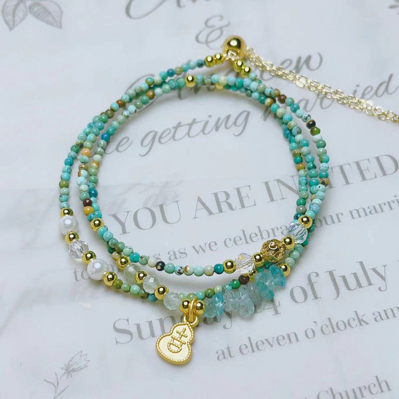 Turquoise Round Beads Three-Ring Adjustable Bracelet