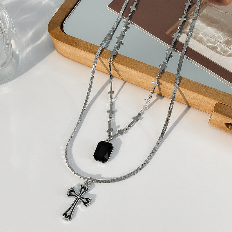 Dark Sweetheart Baroque Cross Pendant Layer Necklace