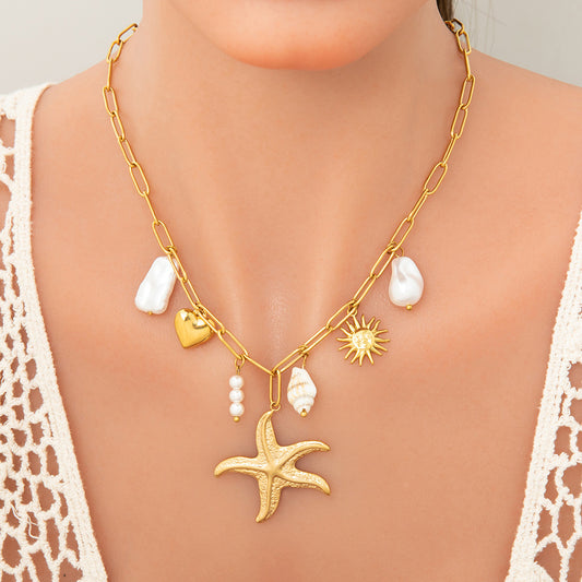 Stainless Steel Pearl Necklace with Pendants