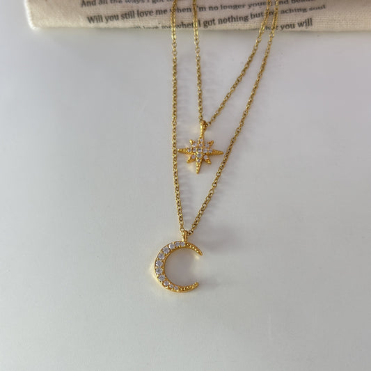 Star Moon Double Chain Necklace - 2pc