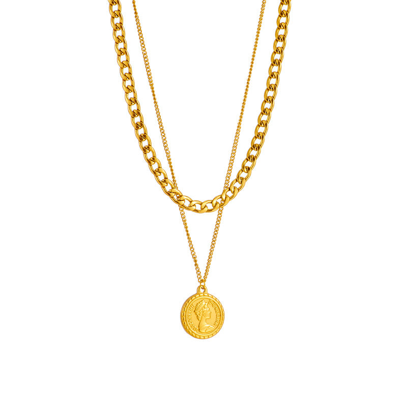 Geometric Portrait Coin Pendant Necklace