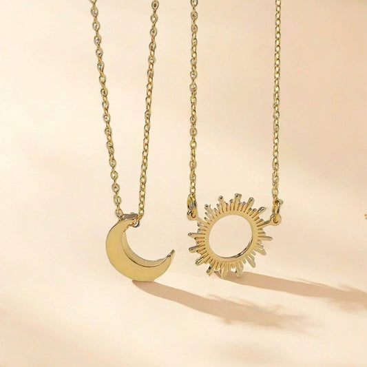 Vintage Sun & Moon Pendant Necklace Set - 2Pc