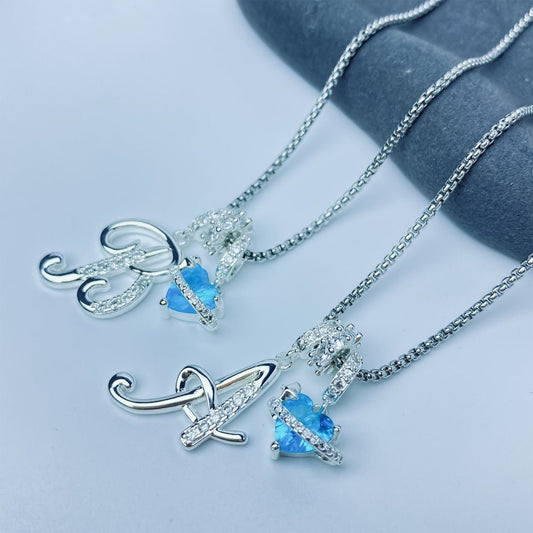 A - Z Alphabet Elegant Blue Heart Necklace with Zircons - Trendy Radar