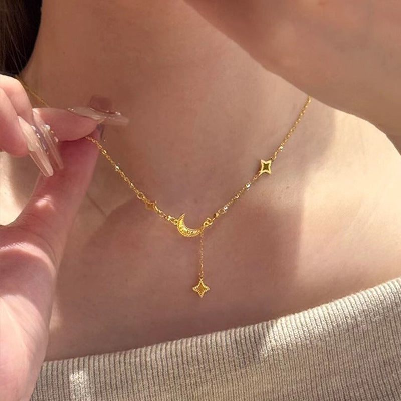 Gold Ice Crushing Star & Moon Necklace
