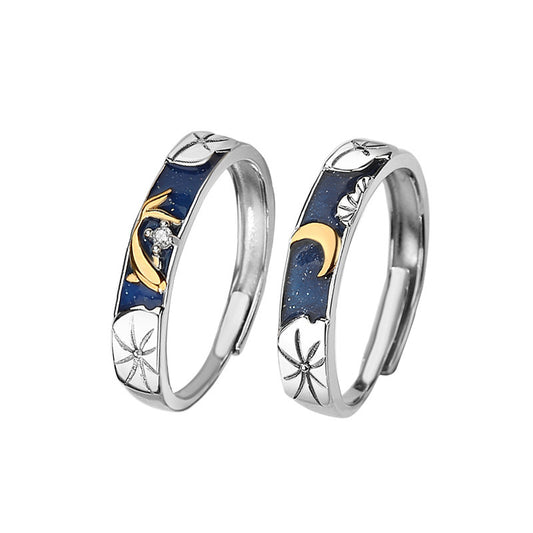 Lotus Pond Moonlight Couple Pair Ring – Adjustable 925 Silver