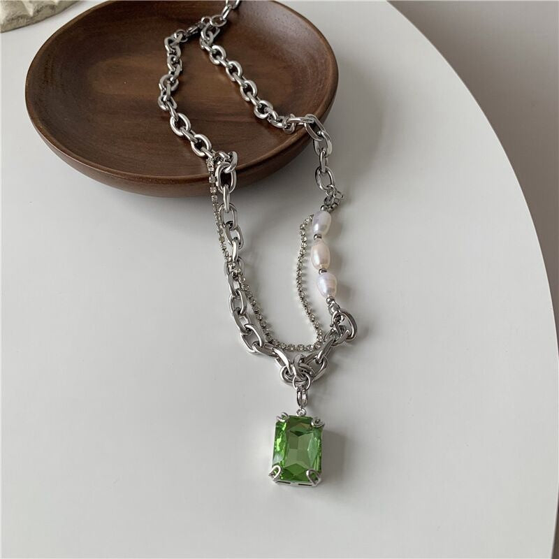 Green Square Brick Titanium Steel Necklace