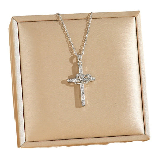 Cross Double Ring Love Heart Zircon Necklace
