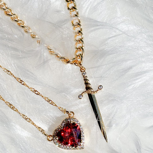 Heart and Sword Necklace Set, Red Heart Crystal