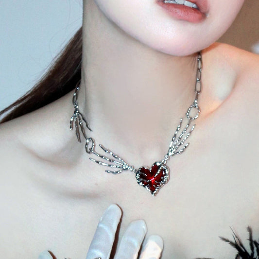 Punk Dark Red Love Heart Pendant Necklace