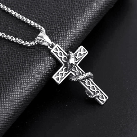 Gothic Snake Wrapped Cross Pendant Necklace