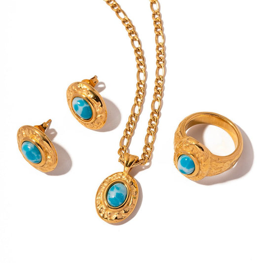 Gold Stainless Steel Turquoise Hammered Jewelry Set - Trendy Radar