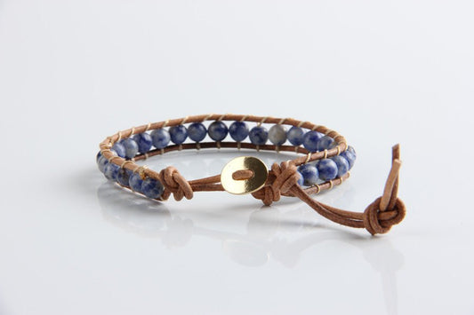 Handmade White Point Blue Natural Stone Leather Woven Bracelet - Trendy Radar