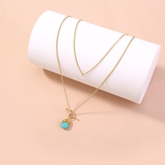 Metal Knotted Hand - Wound Turquoise Water Droplet Multi - Layer Necklace - Trendy Radar