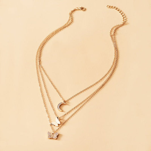 Multi-layer Crystal Butterfly & Moon Pendant Necklace - Trendy Radar