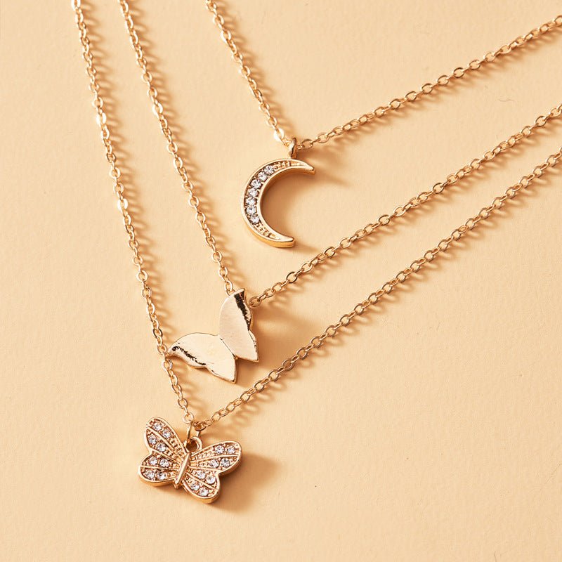 Multi-layer Crystal Butterfly & Moon Pendant Necklace - Trendy Radar