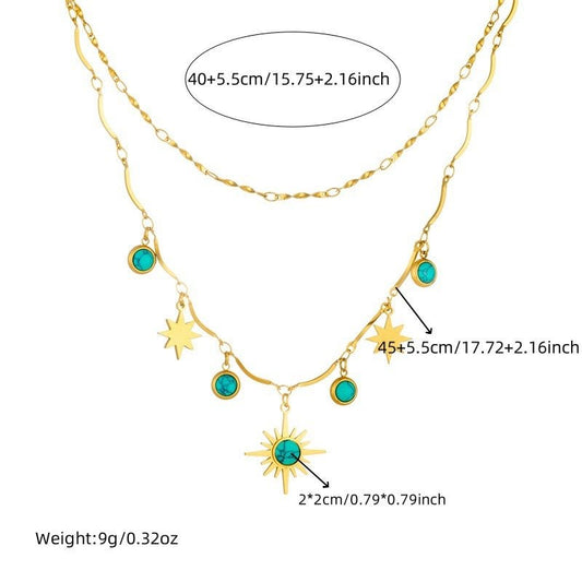 Retro Double - Layer Turquoise Eight - Pointed Star Clavicle Necklace - Trendy Radar