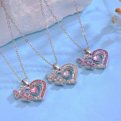 Butterfly Love Necklace with Rhinestones – Fashion, Hollow Heart Shaped Clavicle Chain, Pendant, Gift