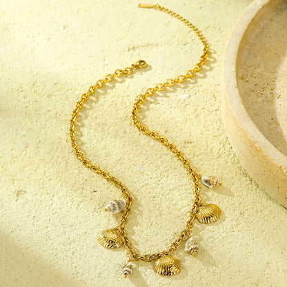 Ins Summer Ocean Style 18K Gold Titanium Steel Shell & Conch Necklace