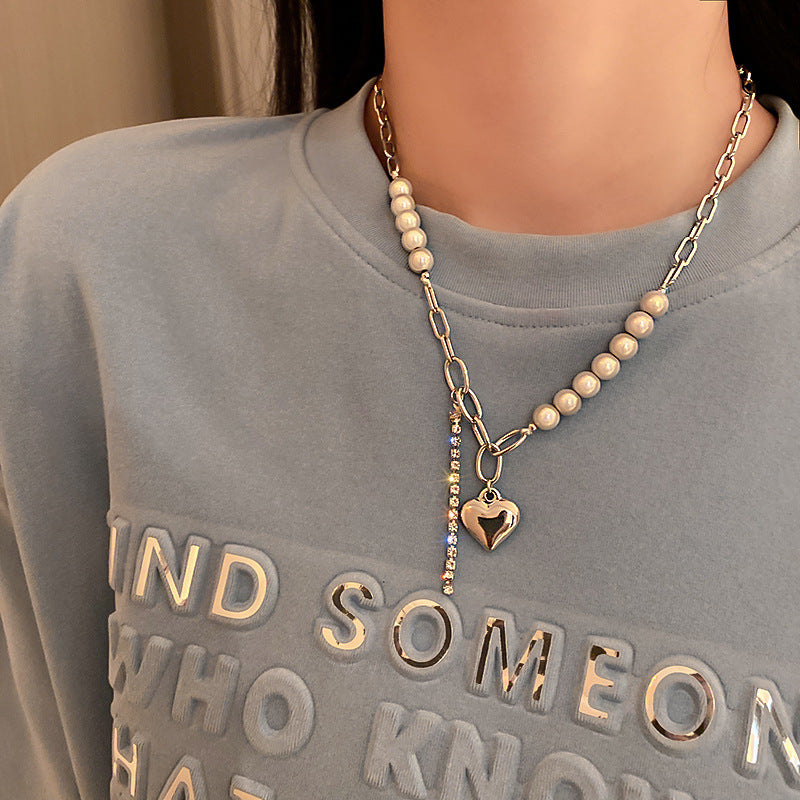 Diamond Heart Reflective Pearl Necklace