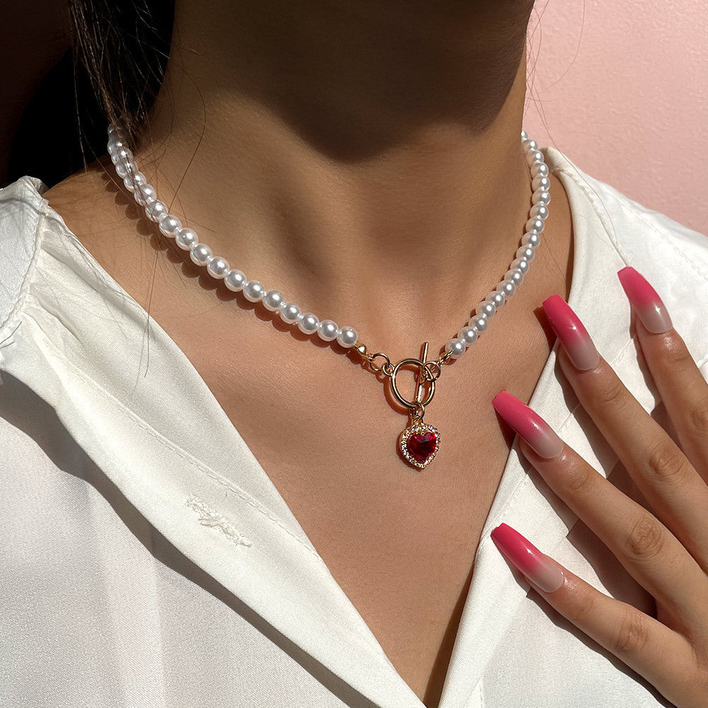Heart Pearl Crystal Pendant Necklace