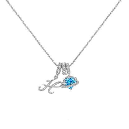 A-Z Alphabet Elegant Blue Heart Necklace with Zircons
