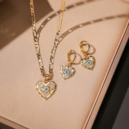 Gold Heart Shaped Zircon Pendant Necklace & Earrings Set