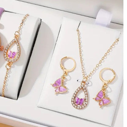 Butterfly Jewellery Set 4PCS – Necklace, Luxury, Women’s, Bracelet, Earrings, Drop Oil Diamond Fashion Gift