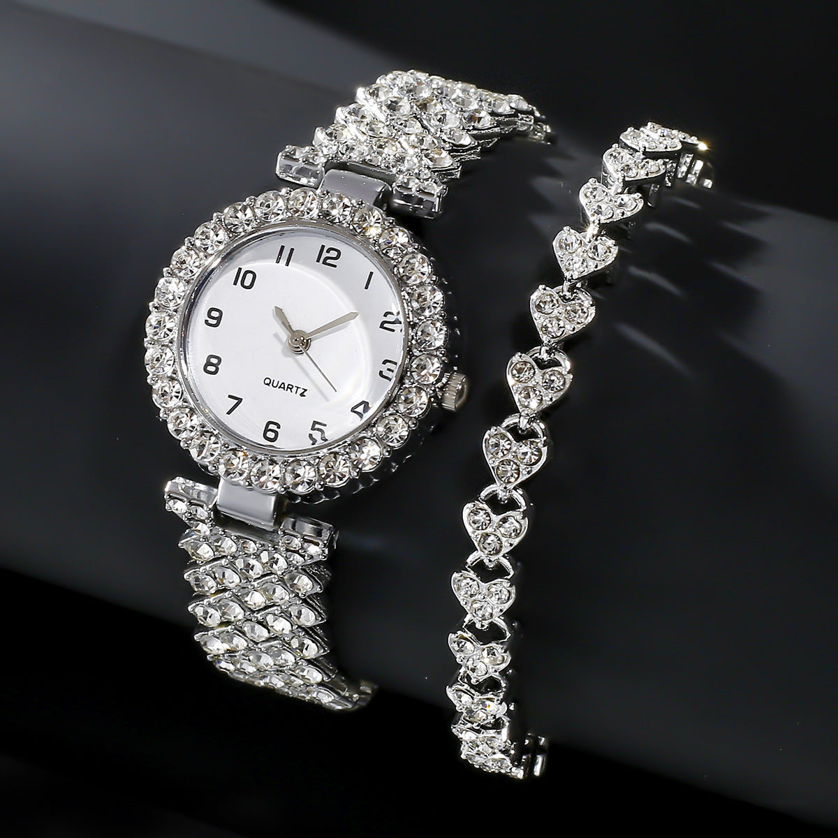 2-Piece Luxury Watch Set – Silver Strap Quartz Wristwatch & Alloy Bracelet Jewellery Set