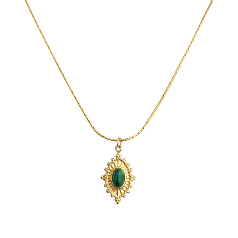 Gold Plated Oval green resin Stainless Steel Necklace