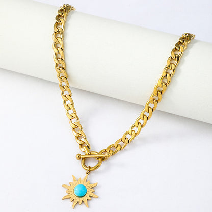 Stainless Steel Sunflower Turquoise Pendant Necklace