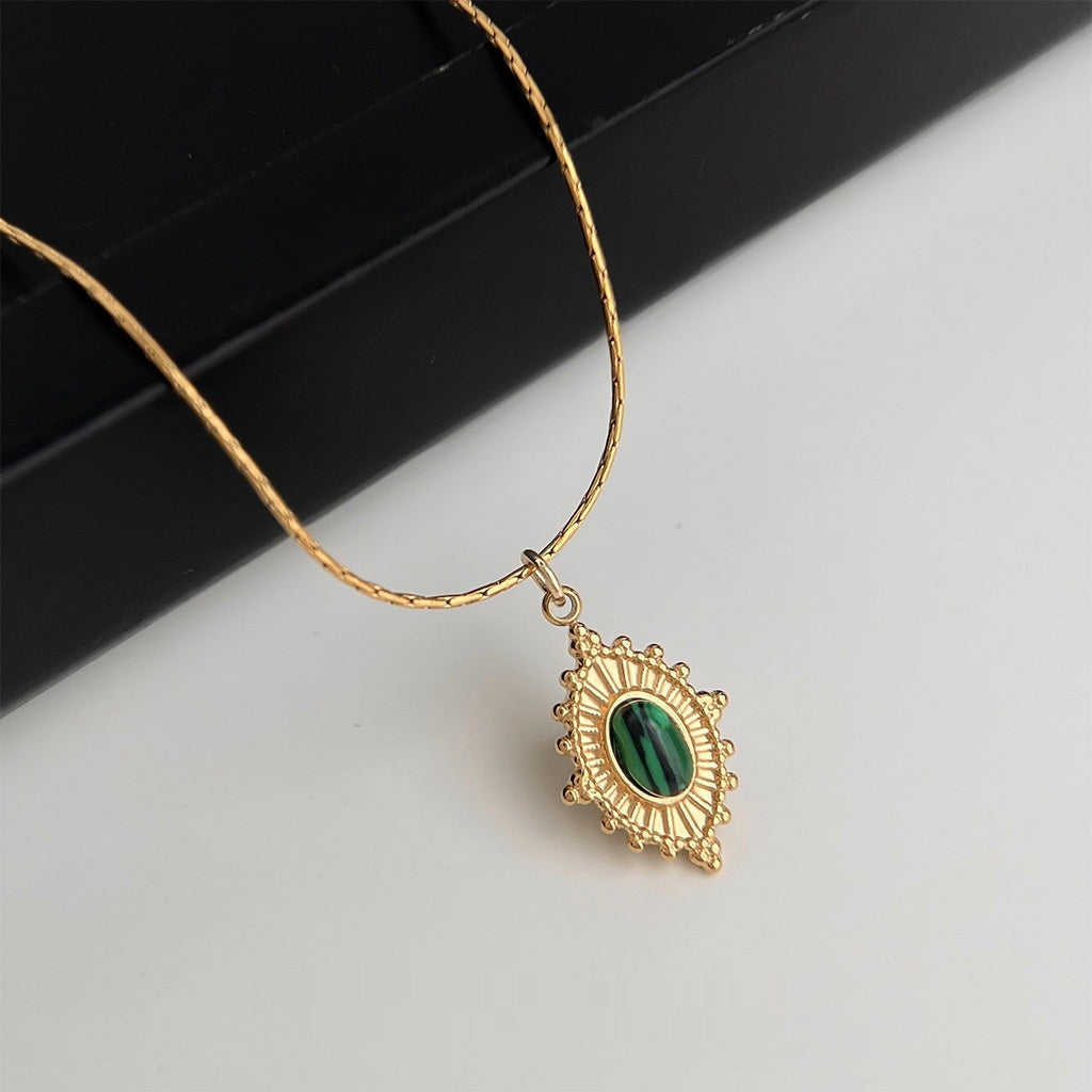 Gold Plated Oval green resin Stainless Steel Necklace